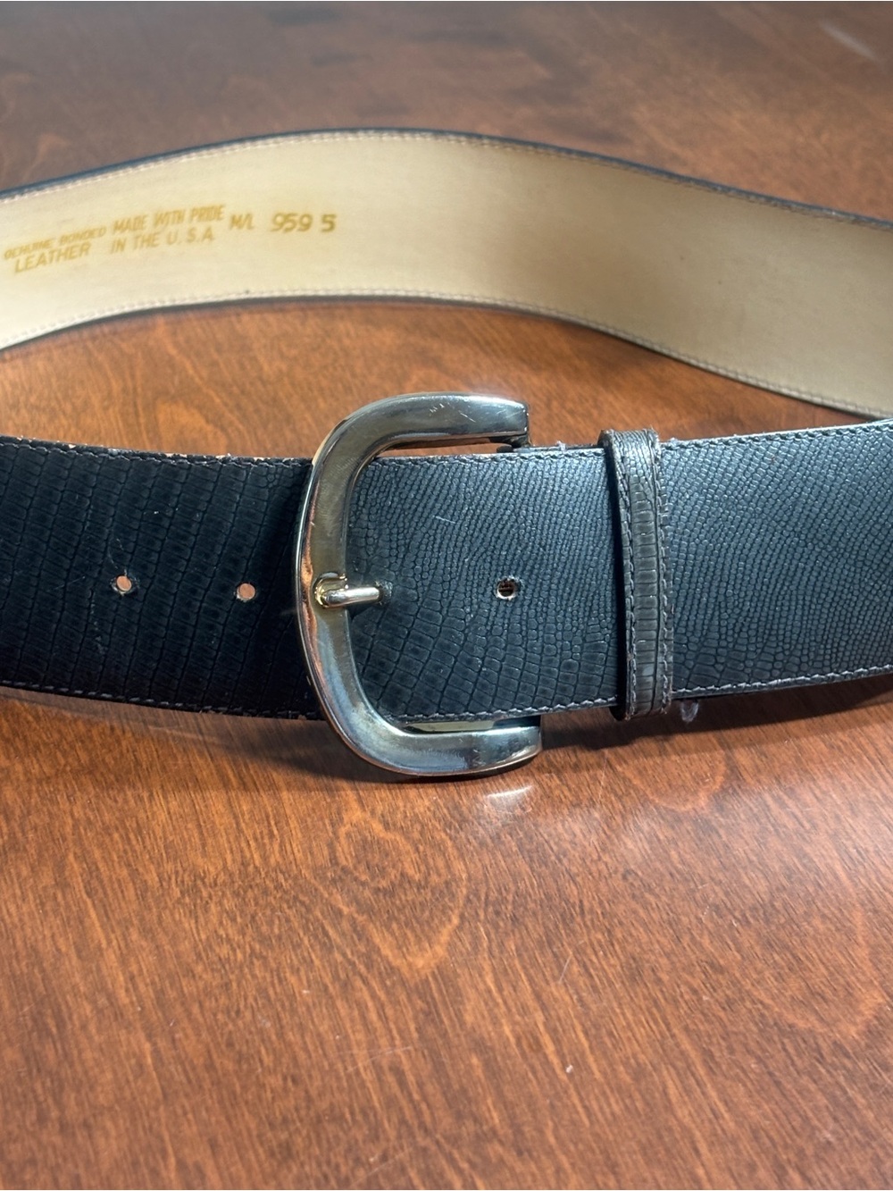 Vintage 90s Wide Black Lizard Embossed Leather Belt